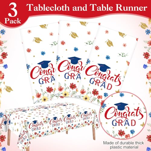 Ganeen 3-Piece Graduation Tablecloth Set | Class of 2026 Floral Design, 54x108 Inch