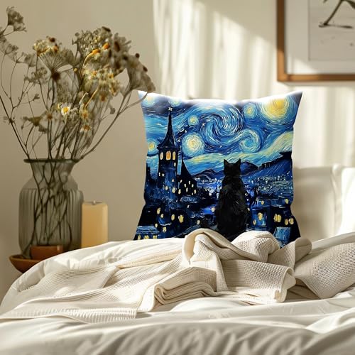 BILLAION Black Cat Throw Pillow Cover 18x18 - Star Sky Night & Mystical Design