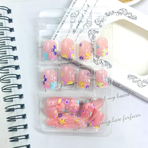 Short Square Press on Nails Floral French Tip Reusable Acrylic Fake Nails