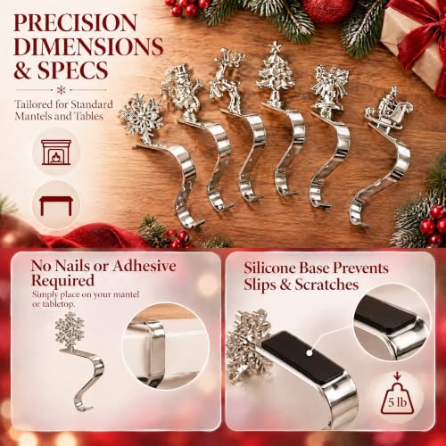 6 Pack Christmas Stocking Holders for Mantle - Iron Metal Hooks with Anti-Slip Pads