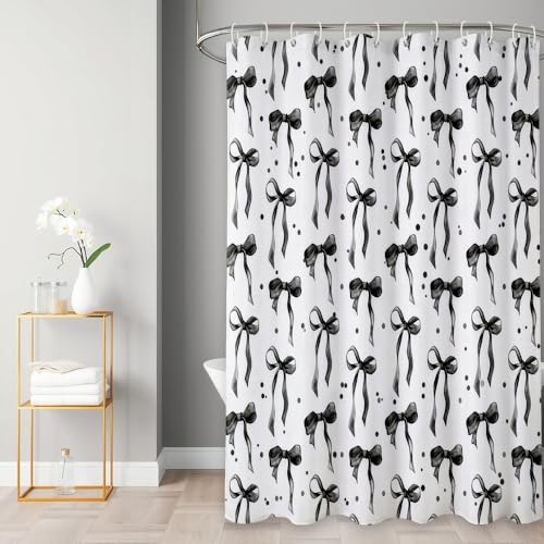 Aurisse Black and White Bow Shower Curtain, 72x72 Inch - Model 26-2