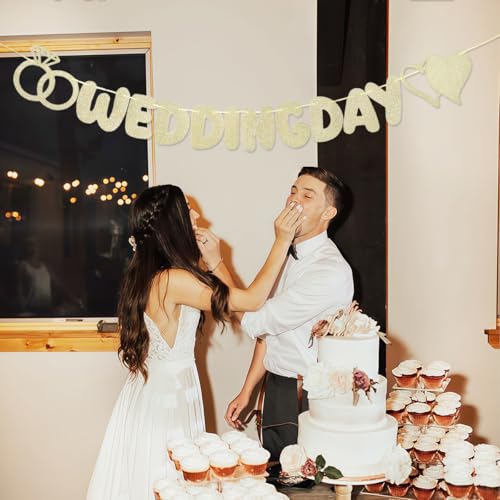 Wedding Day Banner with Hearts & Ring Shapes - Gold Glitter Wedding Decor