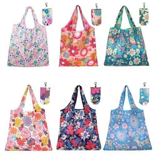 Reusable Grocery Bags - 6 Eco-Friendly Foldable Tote Bags with Flower Patterns