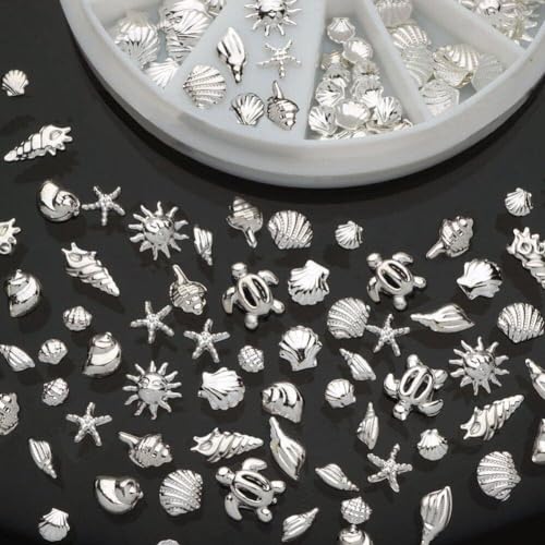 120Pcs Silver Ocean Nail Art Charms Rhinestones Shell Conch Manicure Decor