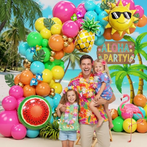 Tropical Hawaiian Balloon Garland Arch Kit - 152pcs Hot Pink Orange Yellow