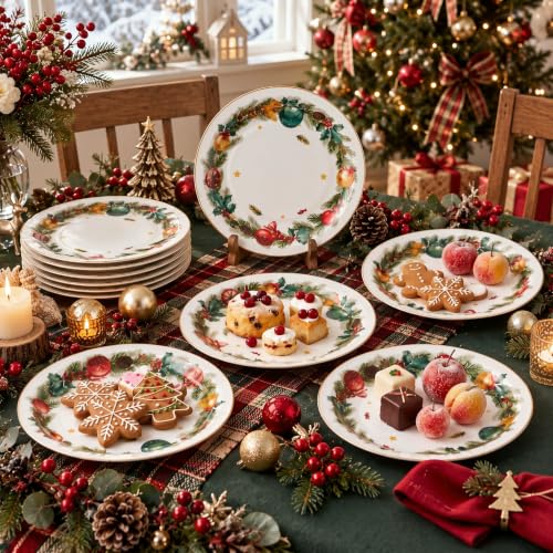 Christmas Paper Plates 100 Pcs 7 Inch White-Gold Wreath Design - Holiday Party Tableware