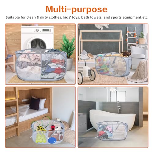 Bemkoo 2 Compartments Collapsible Laundry Basket - Grey, Foldable & Durable for Dorm & Travel