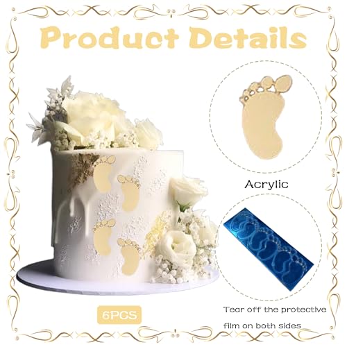 QUERDINOV 6 PCS Gold Acrylic Baby Foot Cake Toppers for Showers