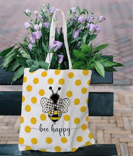 Bee Happy Canvas Tote Bag - Inspirational Reusable Grocery Bag