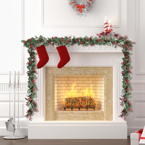 Artificial Christmas Garland with Red Berries and Holly Leaves - 12 Ft, 2 Pack, Holiday Decor