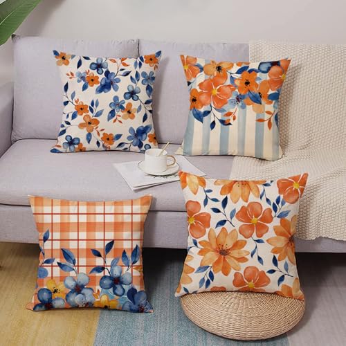 Blue Orange Flowers Decorative Throw Pillow Covers - Set of 4, 18x18