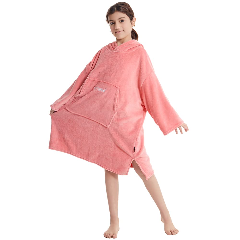Hiturbo Kids Towel Changing Robe: Soft Plush Wearable Blanket - Warm Coral Fleece Hoodie - Swim Surf Poncho for 5-12 Years (Pink)