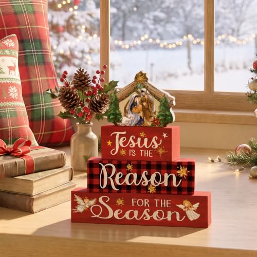 Smile 4 Pcs Wooden Christmas Block Signs - Jesus Nativity Scene Decor