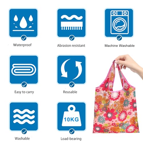 Reusable Grocery Bags - 6 Eco-Friendly Foldable Tote Bags with Flower Patterns