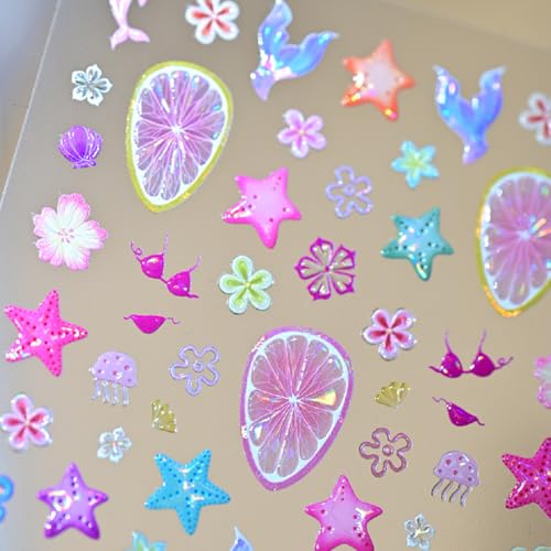 Quezadyl 5D Embossed Starfish & Flower Nail Stickers - 2 Sheets Summer Ocean Decals