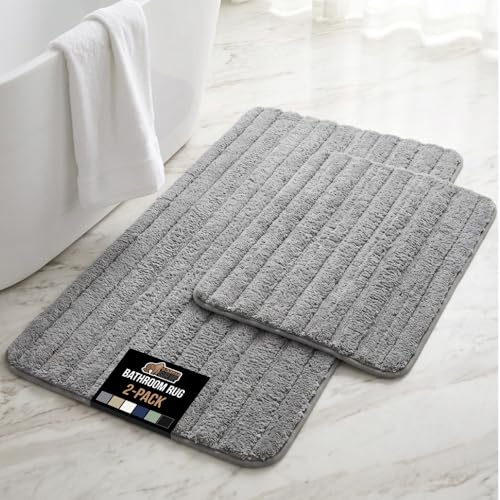 Gorilla Grip Memory Foam Bathroom Rugs Set, 24x16 & 30x18, Gray, Textured Rubber Backing