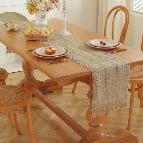Brown Burlap Boho Table Runner 12 x 108 Inches with Tassels for Rustic Home Decor