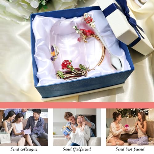 Elegant Flower Tea Cup with Butterfly Rose Design and Matching Spoon - Hot & Cold Drink Mug with Gift Box - Gold Red Variation