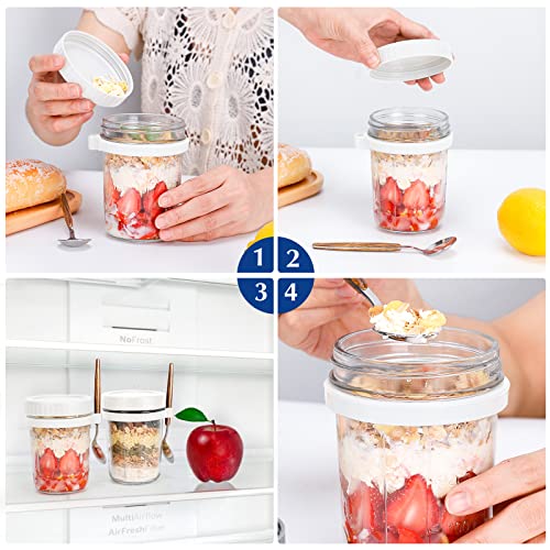 PFUM Overnight Oats Jars with Spoon & Lid - 16 oz, 2 Pack, White