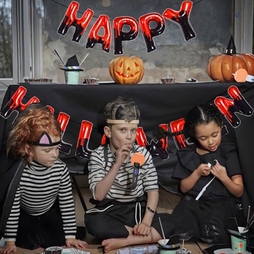 Happy Halloween Foil Balloons Banner - 16 Inch Black and Red Party Decor