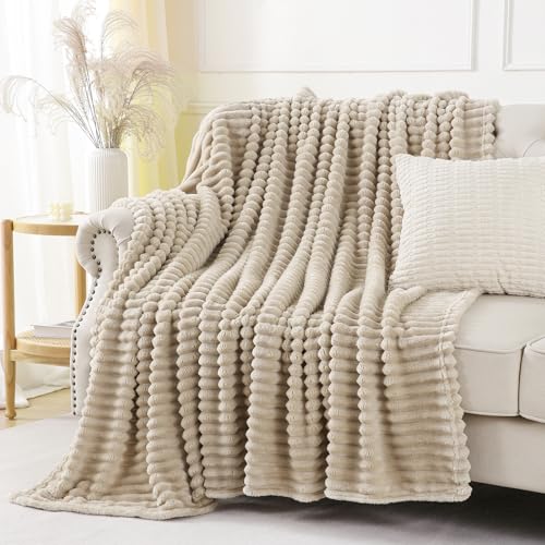 Khaki Striped Throw Blanket 50x60 inches - Plush Fleece for Couch