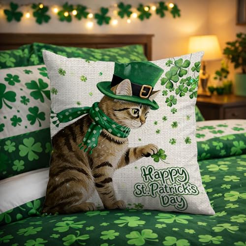 St. Patrick's Day Shamrock Cat Throw Pillow Cover 18x18