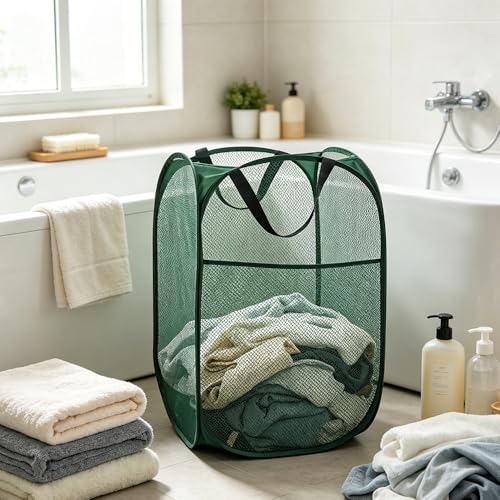 Larpur Pop-Up Laundry Hamper, Collapsible Mesh Clothes Basket - Dark Green