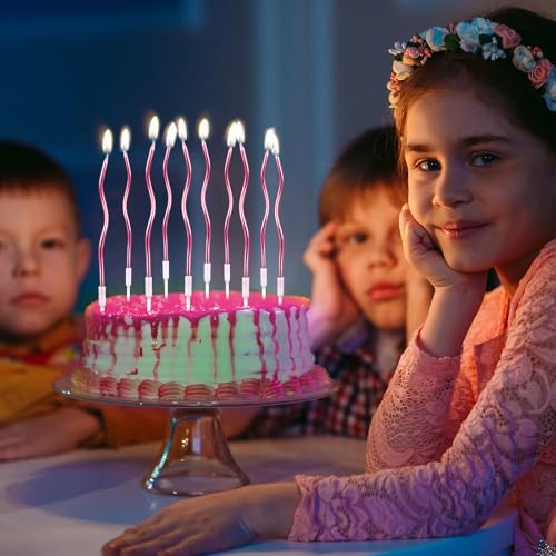 Twisty Birthday Candles - 30 Pack Spiral Metallic Cake Candles with Holders, Rose Gold