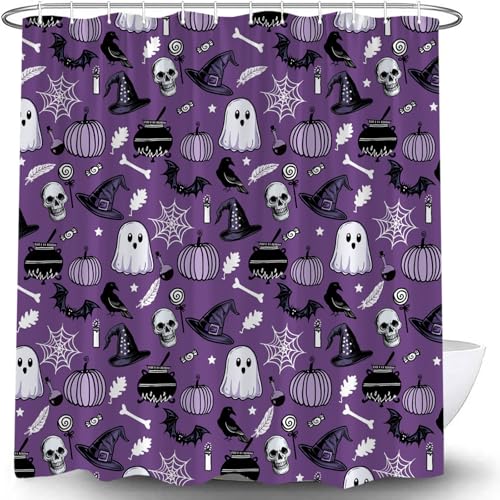 Purple Halloween Shower Curtain 70" x 70" with Ghosts & Skulls