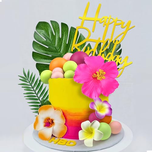 37pc Hawaiian Flower Cake Topper Set, Rose Orange Summer Party Decoration