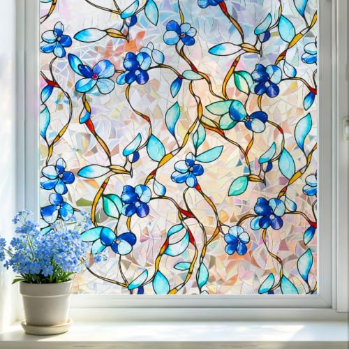 Blue Vine Floral Privacy Window Film - Stained Glass Static Cling 17.5x78.7"