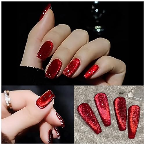 AHAMIOU Ruby Red Cat Eye Gel Polish Set with Magnetic Stick