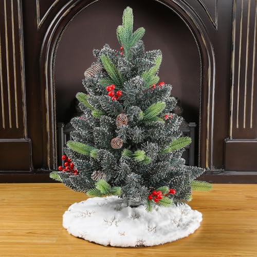 18-Inch Mini Christmas Tree Skirt White with Gold Sequin Snowflakes - Festive Holiday Decor