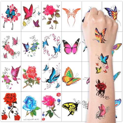 Watercolor Flower and Butterfly Temporary Tattoos - 100 Pack Waterproof Fake Tattoo Stickers for Women and Girls