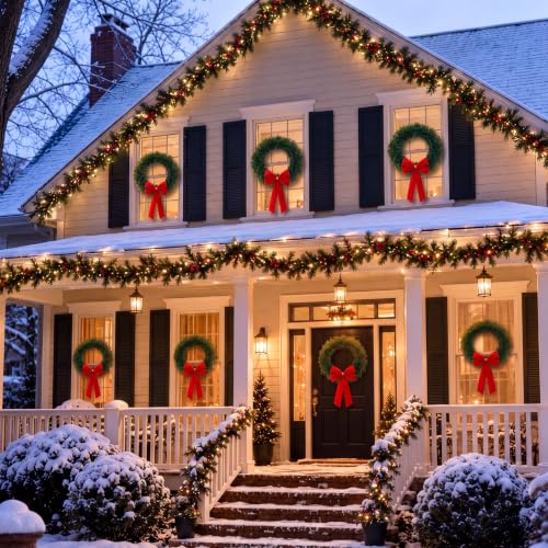 Artificial Christmas Wreath Set with Red Velvet Bow - 14 Inch Holiday Decoration