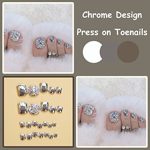 MISUD Silver Chrome Press on Toenails with Rhinestones 24 pcs