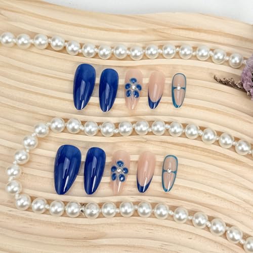 Blue French Almond Press on Nails with Rhinestones & Summer Flower Art