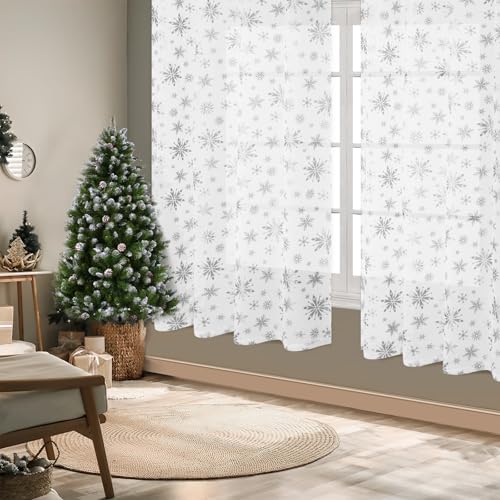 Christmas Sheer Curtains with Snowflake Foil Print, 52W x 63L, 2 Panels - White-Silver