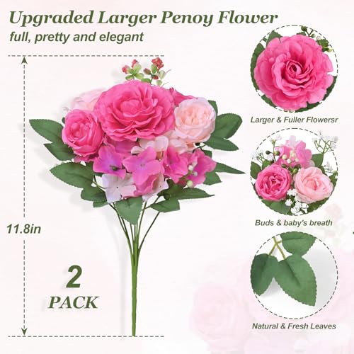 Yastouay Artificial Peony Flower Bouquets - Mixed Pink, 2 Pack, 7-Branch, 12-inch Stems