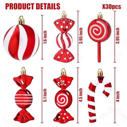 Christmas Candy Cane Lollipop Ornaments for Tree - Red 30Pcs Xmas Decor