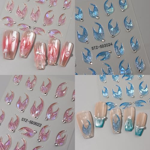 BYJKYEN 5D Embossed Mermaid Nail Stickers Self Adhesive Ocean Decals