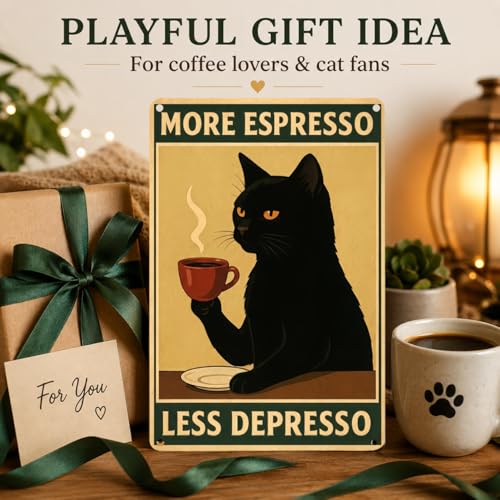 Black Coffee Cat Metal Sign - 8x12 Inch More Espresso Less Depresso Decor