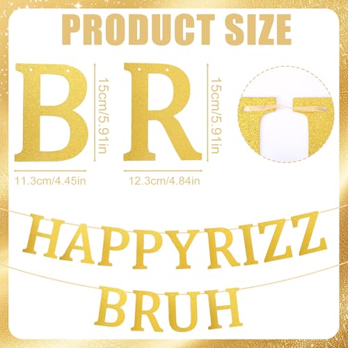 Happy Rizz Bruh Gold Glitter Birthday Banner - Pre-Strung Party Decor