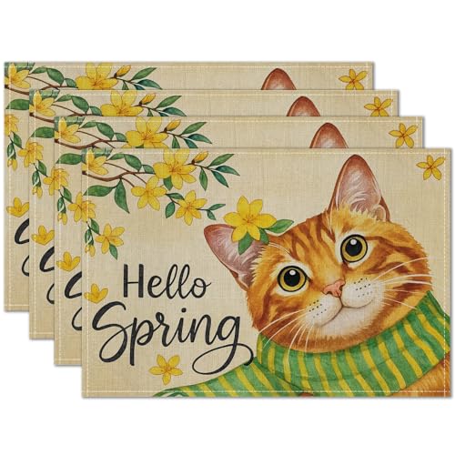 HOMETITUTE Spring Floral Cat Placemats Set of 4 12x18 Linen