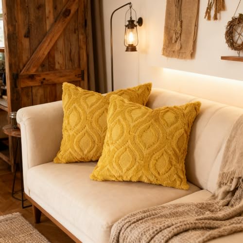 Pack of 2 Mustard Yellow Faux Fur Throw Pillow Covers 18x18