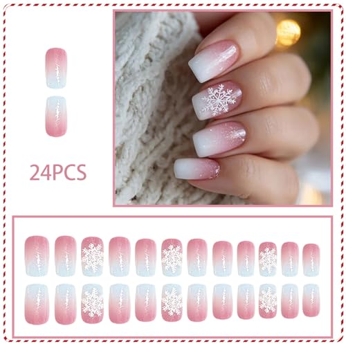 ASABITE Christmas Press on Nails Glitter Snowflake False Nails Medium Square