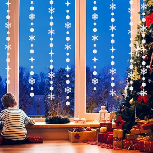 Snowflake Snow White Silver Christmas Party Decorations Streamers - 52Ft Winter Wonderland Garland - Glitter Silver Variation