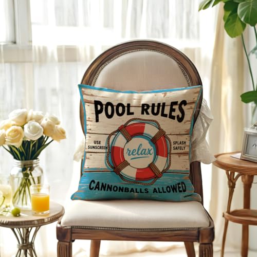 Pool Rules Decorative Throw Pillow Cover 18x18 Inch Nautical Design