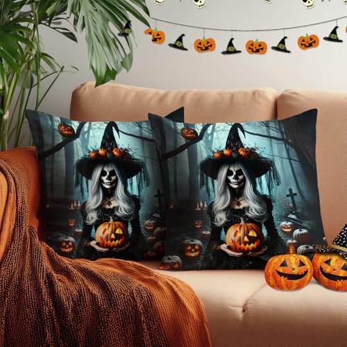 HOMETITUTE Set of 2 Day of The Dead Witch Pillow Covers 18x18