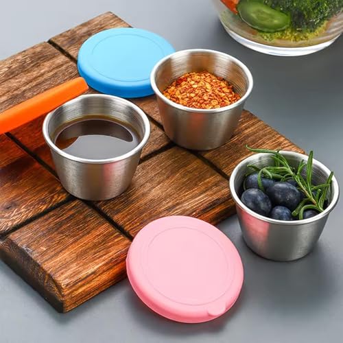 PandaEar 6 Pack Stainless Steel Condiment Containers - 2.4 oz Leakproof Cups with Silicone Lids